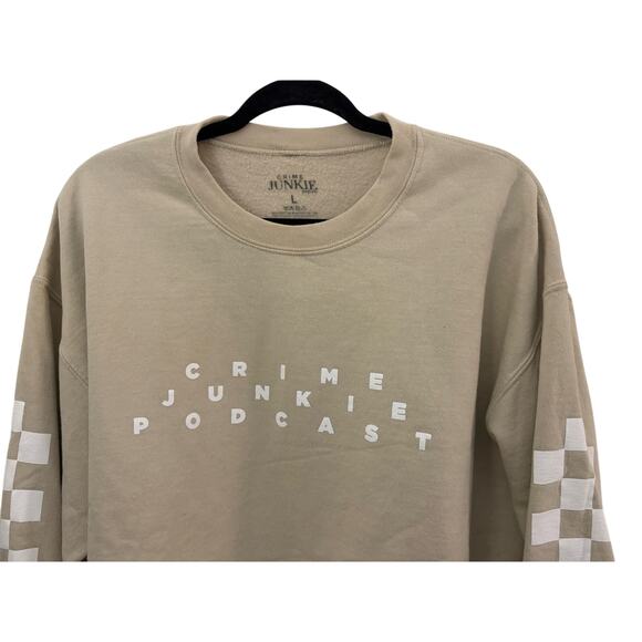 Crime Junkie Podcast Beige Sweatshirt Checkered Sleeve Accents 100% Cotton - Picture 3 of 7
